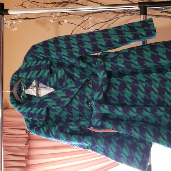 Green and Blue Houndstooth Double Breasted Wool Pea Coat with slight A Line. NWT - Picture 7 of 15